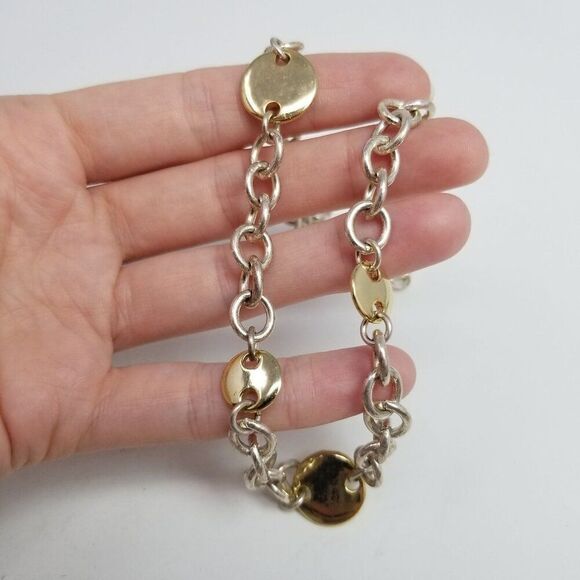 Vintage Anne Klein Chunky Chain Necklace, Silver Tone with Gold Tone Discs - Picture 2 of 6